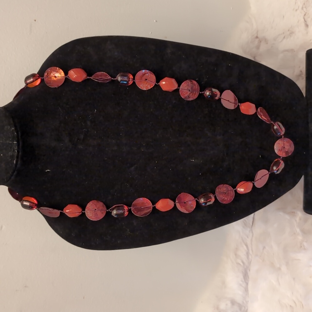 Coppery Red Toned Round and Coin Shaped Beaded Necklace